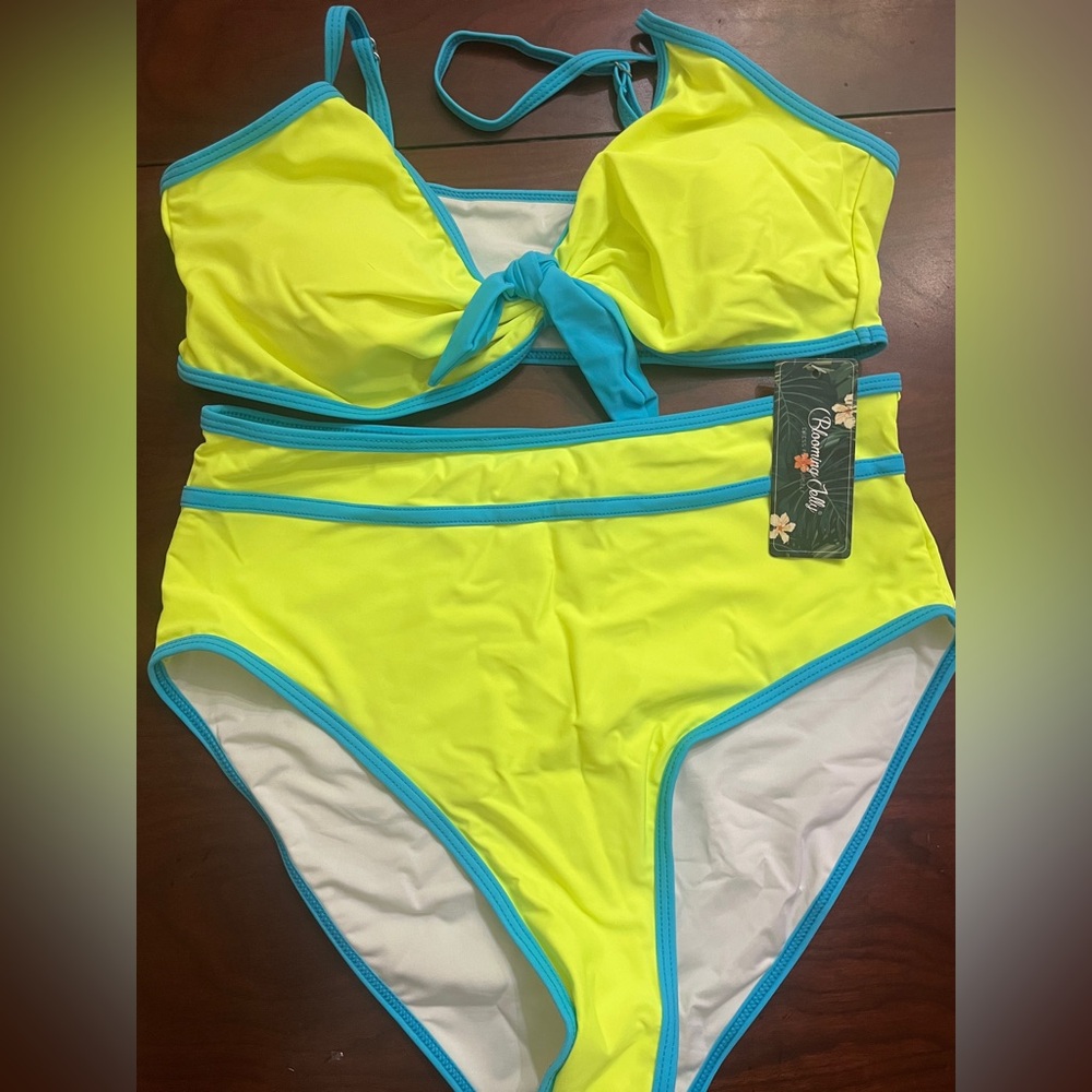 High-Waist Tie-Front Women’s Bikini Set - Neon Yellow with Turquoise Trim